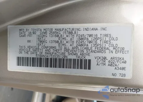 2003 Toyota Tundra Sr5 from USA, damaged, VIN 5TBRN34153S351204